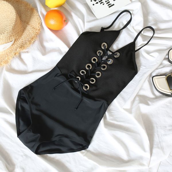 

two-piece suits young girl lovely cross strap swimwear retro one piece swimsuit beach chest pad high waist women bathing suit