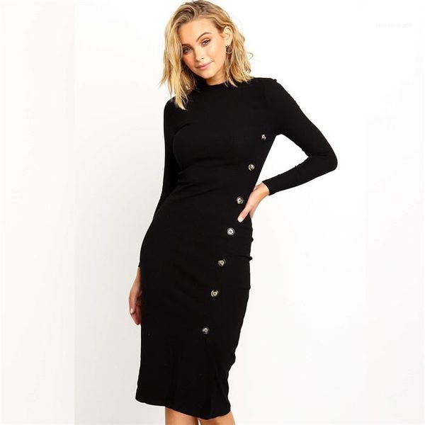 

bodycon dresses fall winter solid color womens dresses with button slim women dresses long sleeve o neck hip, Black;gray