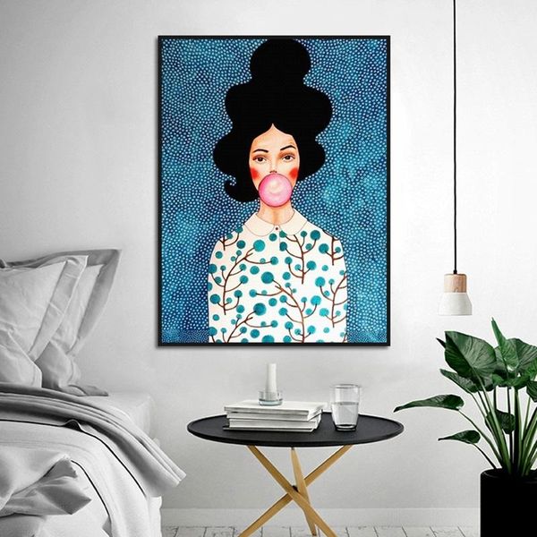 

мода curly красоты волос девушка blow bubble gum nordic афиши wall art изображение для living room home decor (без рамки