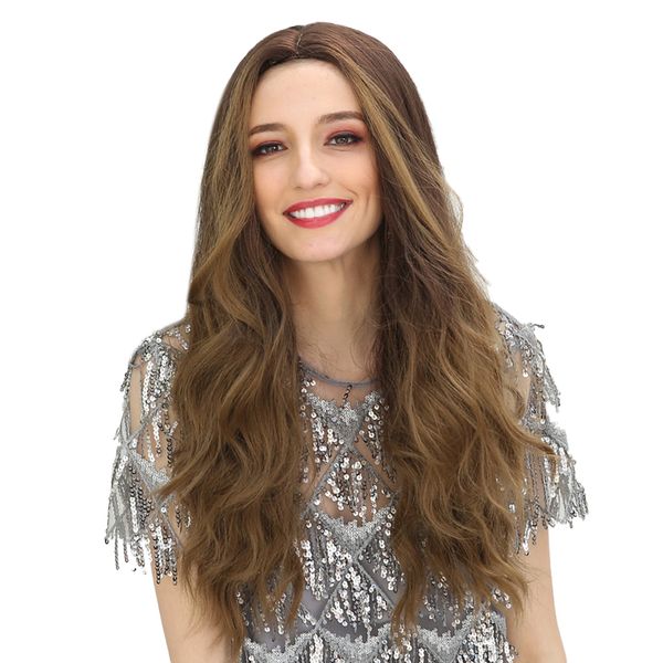 

26\" dark brown synthetic long wavy curly hair wig center parting for party, Black