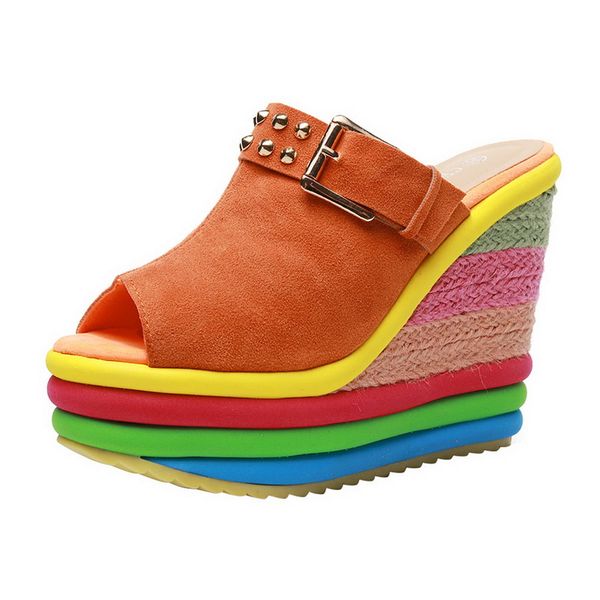 

2020 new summer bohemia casual rainbow peep toe platform sandals for womens wedges high heel shoes sandalias plataforma, Black