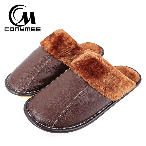 

conymee genuine leather shoes 2020 winter men's slippers indoor casual sneakers for home floor slipper pantuflas warm flat shoe, Black