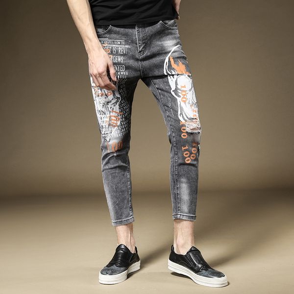 

men's jeans fashion male slim hole black cropped pants ripped summer thin section street print trendy trousers, Blue