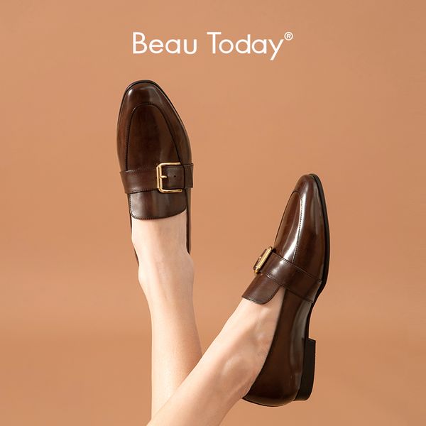 

beautoday penny loafers women calfskin leather buckle round toe spring autumn ladies slip-on casual flat shoes handmade 27272, Black