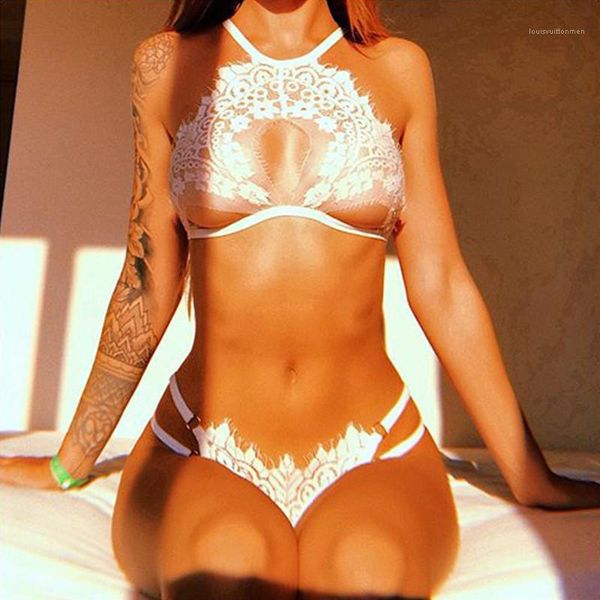 

designer underwear women lace set fashion halter hollow out see through 2 piece set new women, Black;white