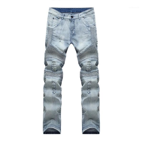 

mens biker jeans destroyed denim fabric elastic slim fit washed denim skinny pants joggers skinny male ripped trousers, Blue