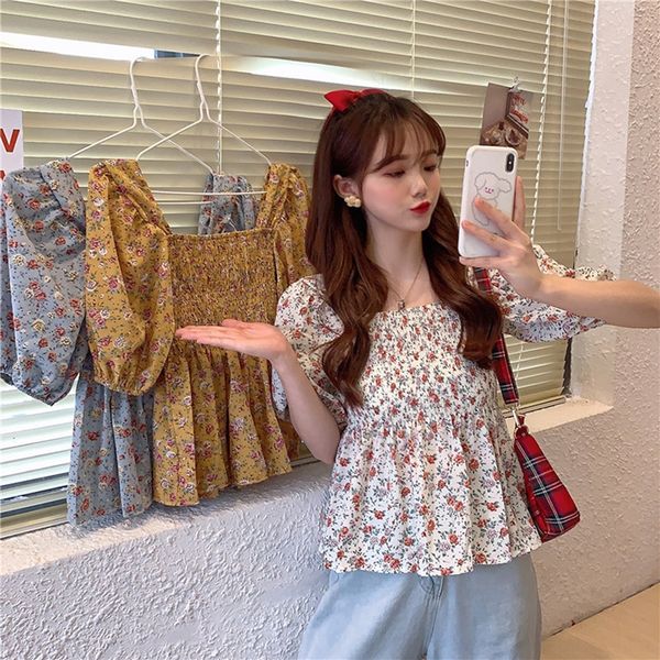 

ofn89 summer 2020 new sweet shirtshirt shirtfloral square collar ins super waist slimming short sleeve shirt for female students, White