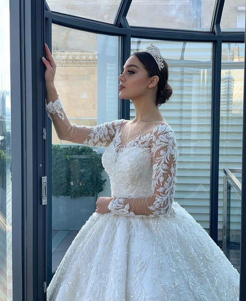 

wedding dresses bridal ball gowns princess lace up corset long sleeves wedding gowns lace appliques beading crystal beaded, White