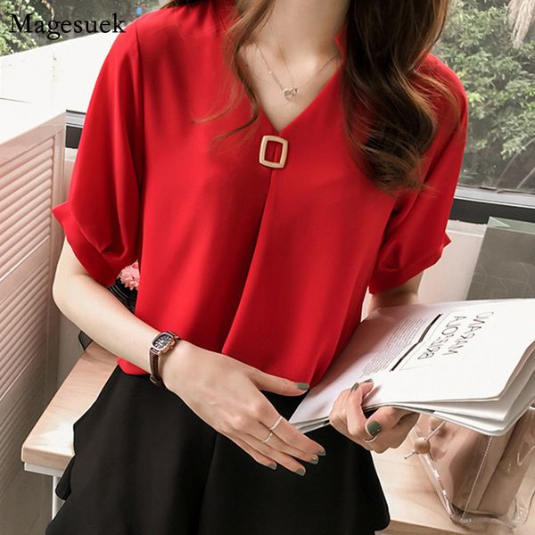 

women's blouses & shirts 2021 summer solid slim blouse women v-neck plus size chiffon womens elegant loose ladies 9313, White