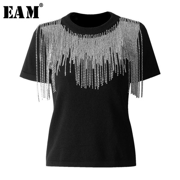 

eam] women black tassels split joint temperament t-shirt new round neck short sleeve fashion tide spring summer 2020 jo654, White