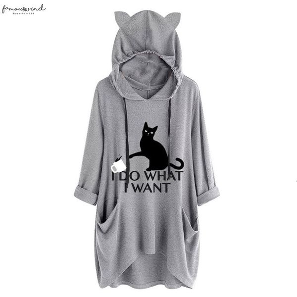 

women casual hoodies print cat ear hooded long sleeves roll up sleeve pockets regular irregular blouse shirts feminine high quality, White