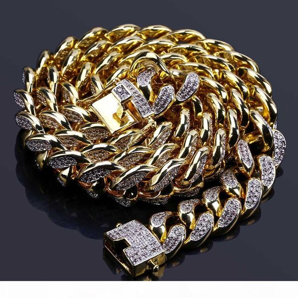 

18k gold plated men hiphop 14mm cuban chain paved full cubic zirconia necklace rapper jewelry miami link chains, Silver