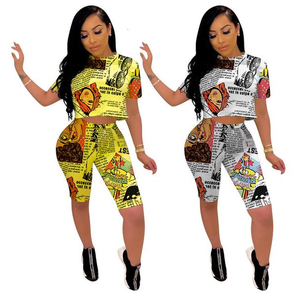 

newspaper letter print summer casual two piece set short sleeve t shirt crop shorts women tracksuit fashion streetwear, Gray