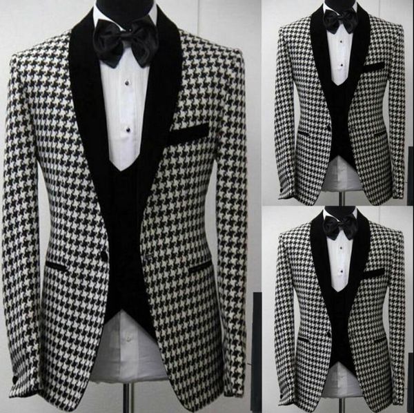 

2020 handsome houndstooth groomsmen shawl lapel groom tuxedos tweed two button men wedding formal prom suits, White;black
