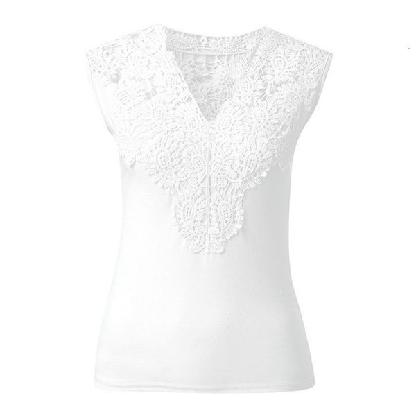 

women blouse shirt summer solid lace sleeveless patchwork v neck shirt vest fashion streetwear blouse women roupas feminina, White