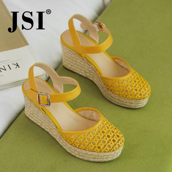 

jsi summer ale wedge style hollow out shallow yellow genuine leather sandals woman sunshine wedge style sandals jo576, Black