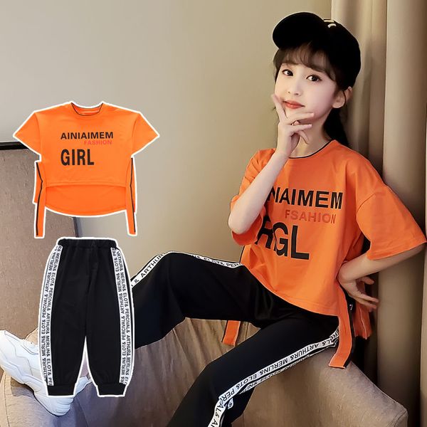 

2020 girls summer new casual style cotton t-shirts + pants two-piece kids fashion new o-neck sport suits children clothes suit, Black;blue