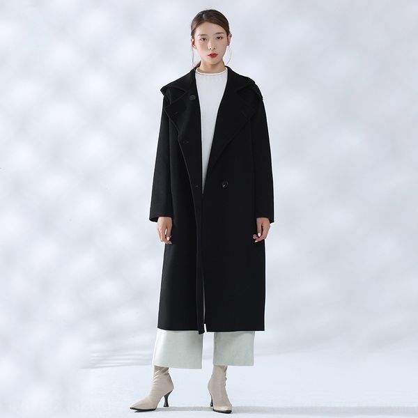 

double-sided cashmere women's mid-length 2019 double-breasted hooded black large size seasonal coat woolwool wool woolen coat