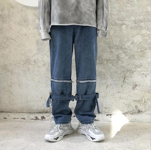 

men denim straight pants fashion hip hop zipper detachable high street casual cargo jeans man loose biker denim trousers w713, Blue