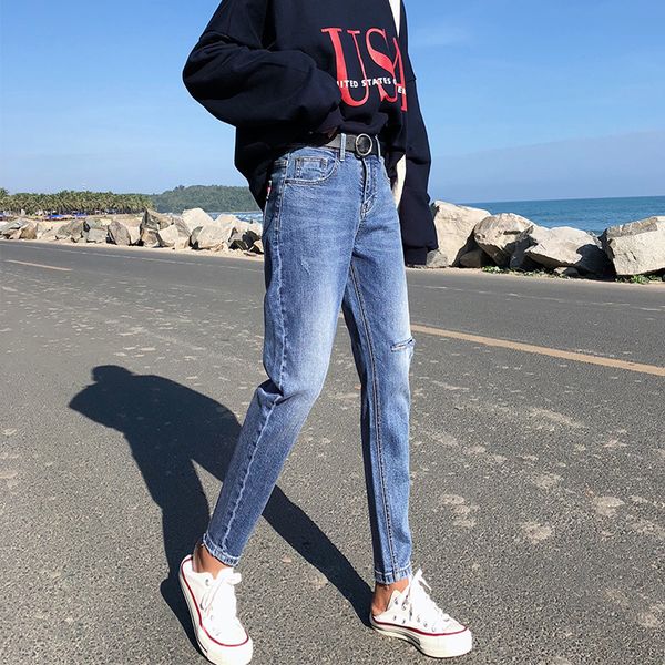 

women's jeans 2020 autumn new real sfemale korean student bf ripped jeans all-match high waist loose long pants, Blue