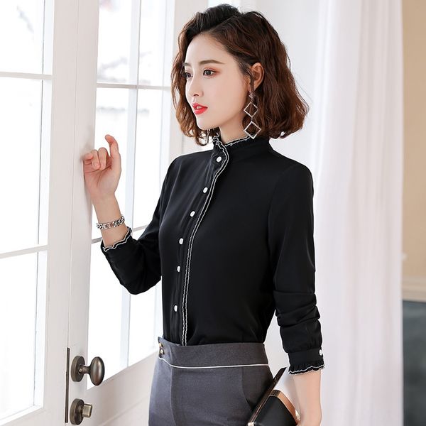 

pure color elegant long-sleeved women's 2019 autumn chic business wear korean style loose wood ear edge chiffon shirt shirt, White