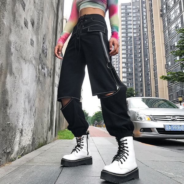 

women clothes fashion solid black cargo pants casual hollow out trouser high waist mujer sweatpants autumn streetwear p9078, Black;white