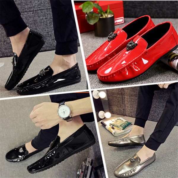 

2020 autumn new men's patent leather shiny loafers british style casual simple slip-on flat shoes waterproof non-slip lazy shoes, Black