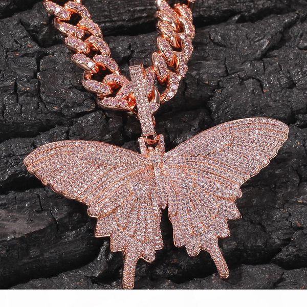 

hip hop custom pink butterfly pendant necklace combination words name with big clasp chain full iced cubic zirconia jewelry, Silver