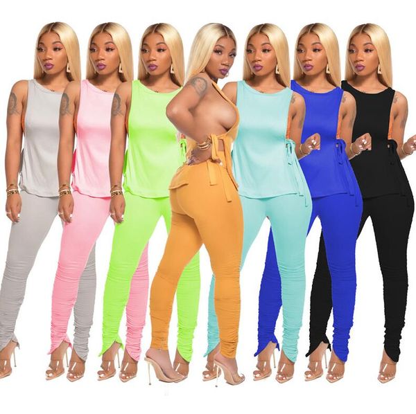 

2020 women tie-dye solid colors tracksuit sleeveless lace up tees + zipper plicated skinny pants two-piece clothing suit trendy set d71402, White