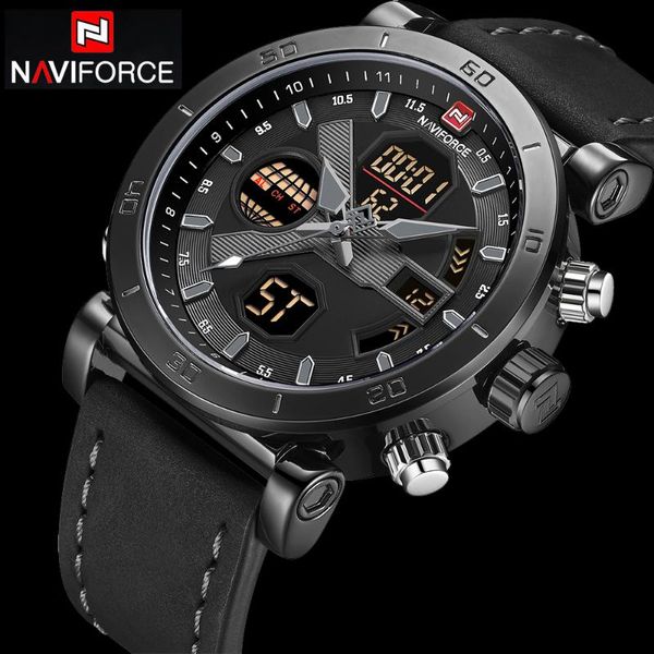 

naviforce men sport watches leather band waterproof analog digital clock mens chronograph quartz wrist watch relogio masculino, Slivery;brown