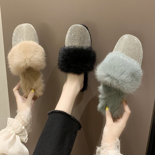 

fur shoes woman's slippers cover toe low mules for women 2020 flock luxury slides jelly flip flops plush new flat designer, Black