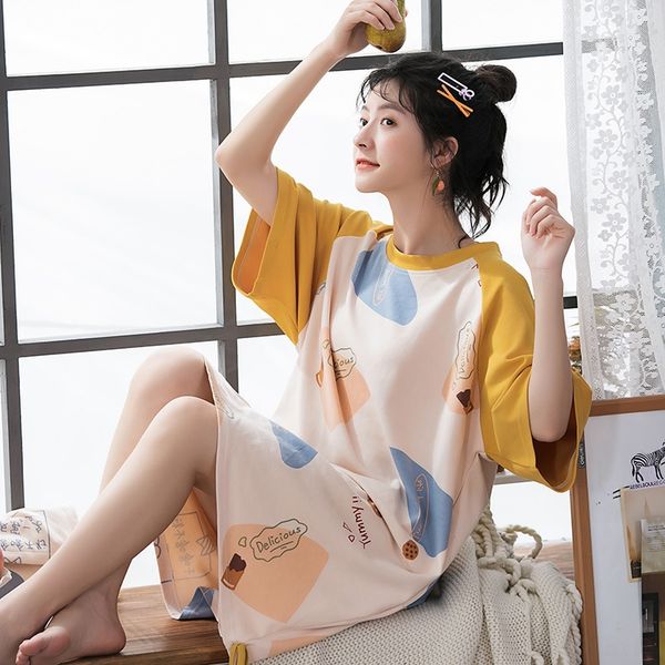 

2020 new summer cotton women's short sleeve loose pajamas korean cute cartoon pajamas home wear outside, Blue;red