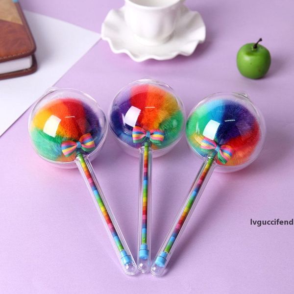 

rainbow kawaii creative color gel pens with fluffy ball for decoration stationery school supplies