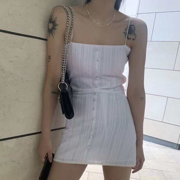 

buttoned tight suspender skirt solid color dress, White;black