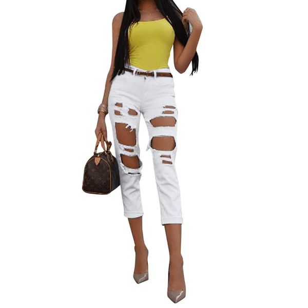 

new fashion women ladies korean style high waist slim jeans female ripped denim hole pencil pants black white blue