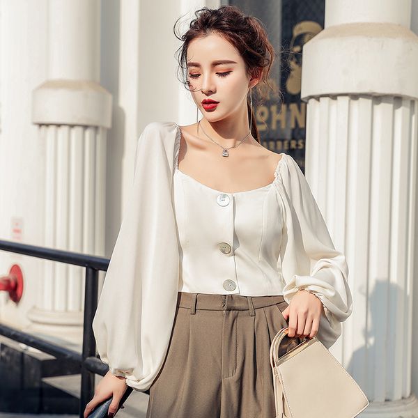 

autumn new 2020 women blouses shirts fashion puff-sleeve square neck satin short shirt female spring, White