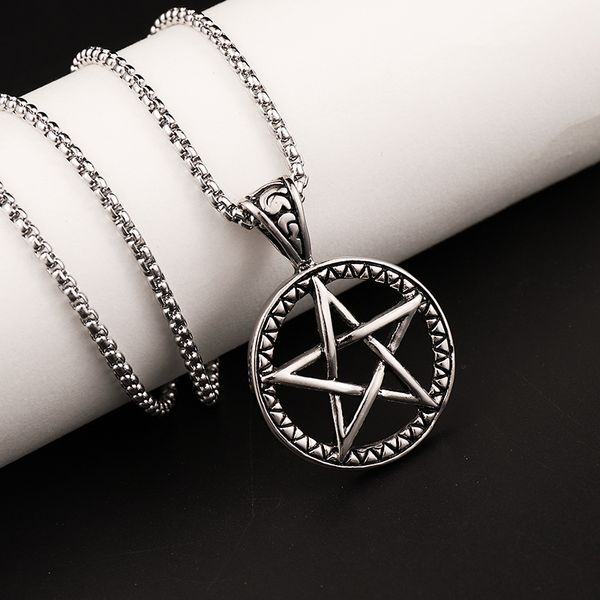 

hnsp new fashion stainless steel chain necklace for men round pentagram hollow moon star pendant male jewelry, Silver
