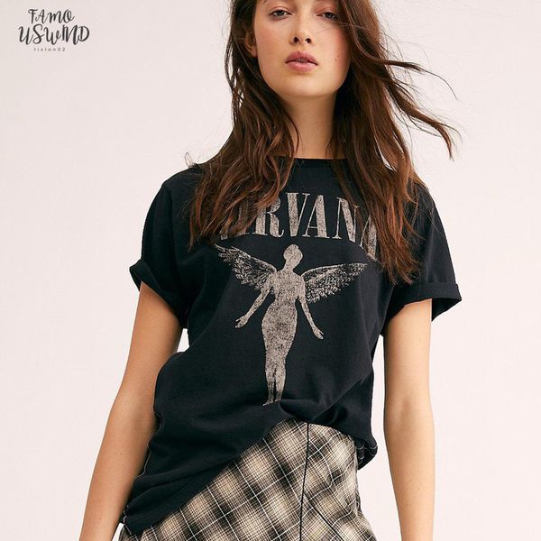 

2020 new women clothes gothic angel print short polyester tshirt nirvana graphic tees womens amp; loose letter breathable plus size, White