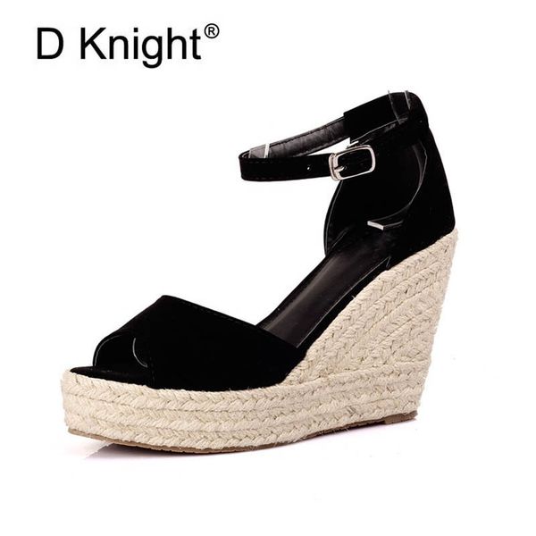

new women's open toe platform wedge sandals elegant bohemia straw braid wedge sandals for women ladies casual high heels, Black