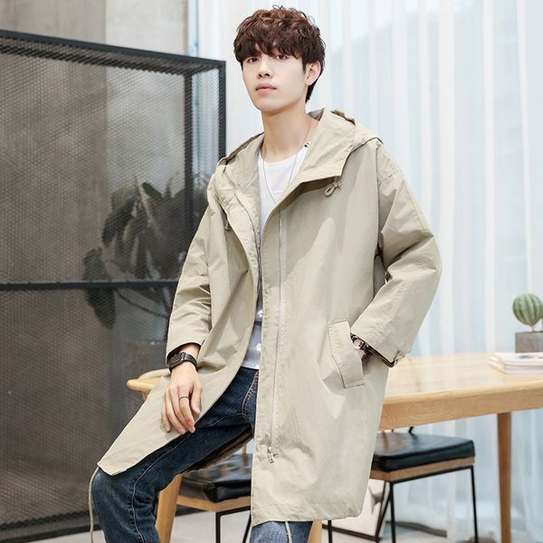 

2020 season fashion new korean style windbreaker coat men's casual loose hooded thin mid-length trench coat, Tan;black