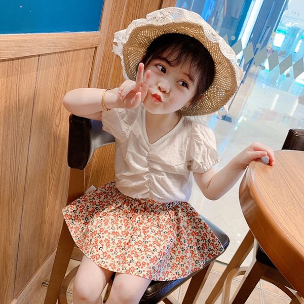

2020 t- shirtnew small and medium-sized children korean t-shirt girls solid color shirt girls all-match cute short sleeve, Blue