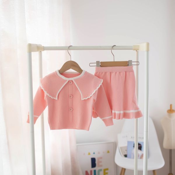 

kids designer clothes girls girls sweater dress set 2020 autumn and winter new korean childrens large lapel solid color knitwear baby cardig, White