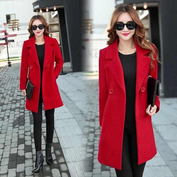 

autumn and winter new korean style woolwool wool plus size woolen coat women's fat sister mid-length suit woolen coat, Black