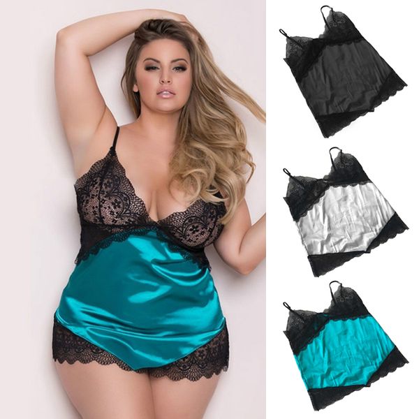 

women's sleepwear women summer sleeveless silk satin lace mini nightgown night dress babydoll nightie nightwear plus size, Black;red