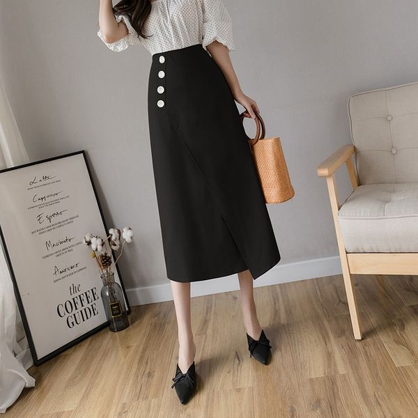 

hong kong flavor 2020 summer korean asymmetry length single breasted high waist one-step skirt dress one-step skirt, Black