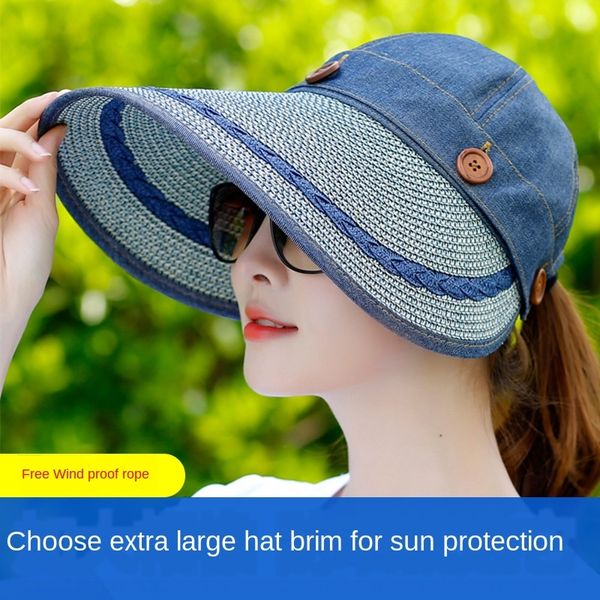 

sun female cap bicycle windproof cap sunscreen cycling windproof hat travel uv-proof all-match outdoor empty big edge sun hat, Blue;gray