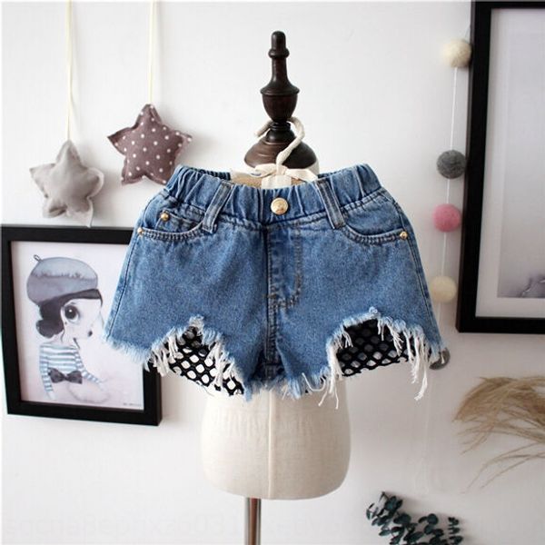 

2020 girls summer shorts pants wear korean style denim shorts fashion hole children wear all-match loose grid pants fashion, Blue