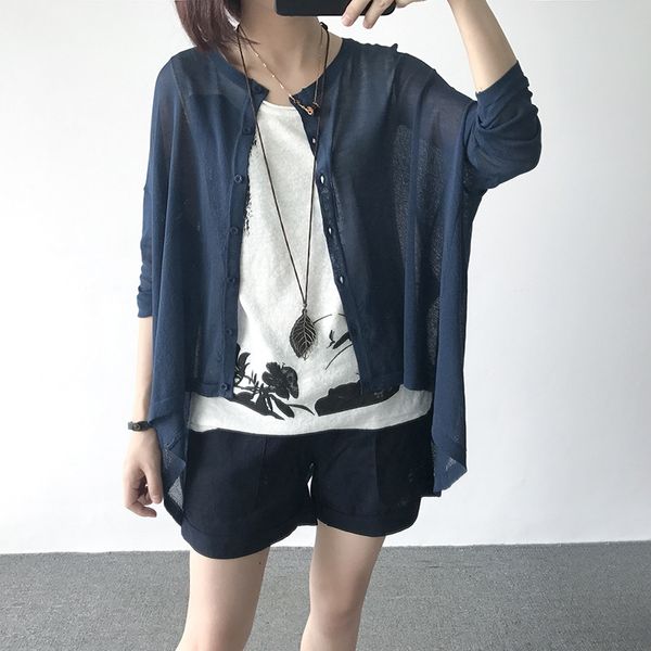 

jsg6c artistic loose irregular bat sunscreen air conditioning shirt sleeve thin linen knitwear cardigan women's sunscreen clothes air c, White