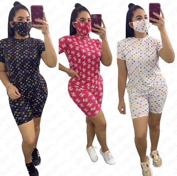 

fashion women clothing letters tracksuit t shirt+shorts+ face mask cover 3 piece sets outfits sportswear casual joggers suit s-xxl d52715, White