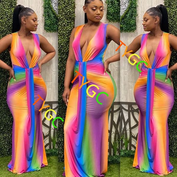 

women's slim rainbow dress new popular print dress deep v dress + long skirt + sleeveless skirt, Black;gray